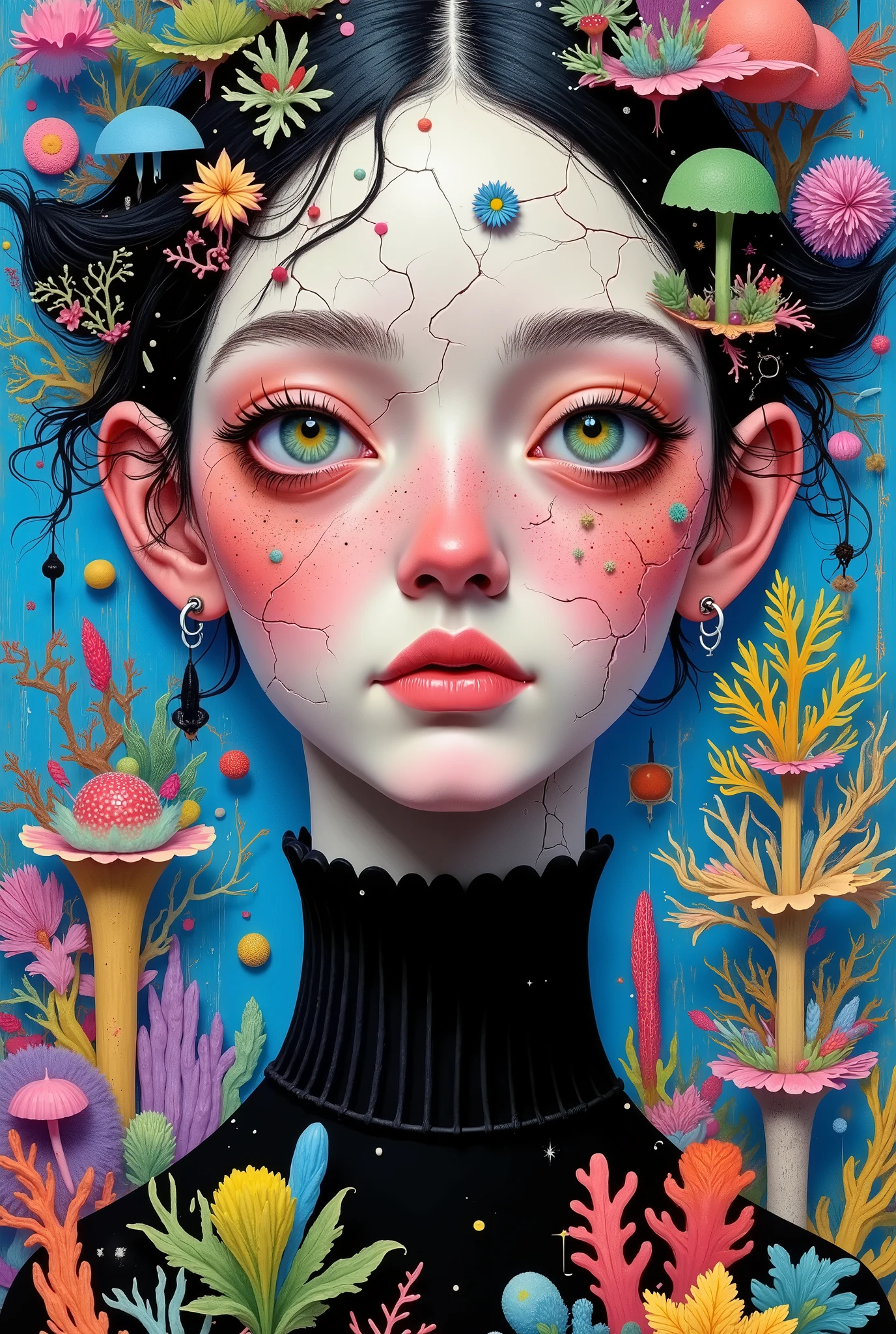 cracks, geometric shapes forming the face .
Colored background,Female face painting on blue metal with vegetable shapes