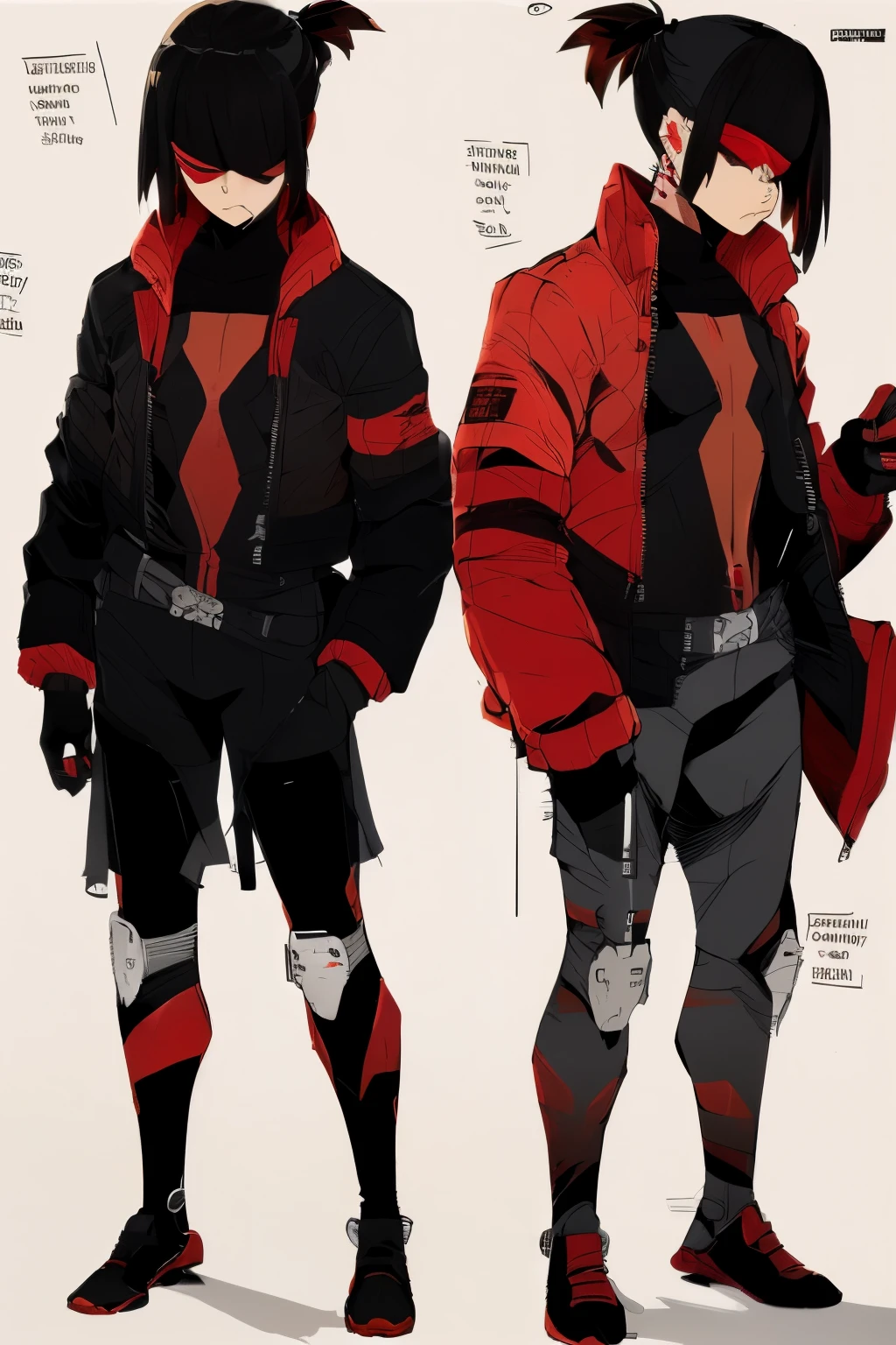 Mastepiece, Best Quality, Reference, white background, Character sheet, clothes sheet, (Dress only photo), ((clothes sheet:1.5)), (Multiple Perspectives, [whole body]:1), (blindfold, face covering, lace), ((black and red tone:1.5), wear jacket, bodysuit:1.5), ((gender neutral:1.0)), modern, science, (ponytail, black hair, red highlights, waist length hair)