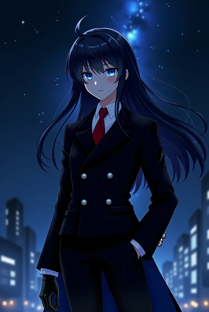 Anime  boy with Long Flowing Dark Blue Hair, With glowing Blue eyes, Wearing a Black, baggy, Long Sleeved, Formal Double Breasted Royal Suit and Red tie, Over a White Dress Shirt, with Long Black Leather Gloves and Black Dress Pants. in a Dark Ally way at night