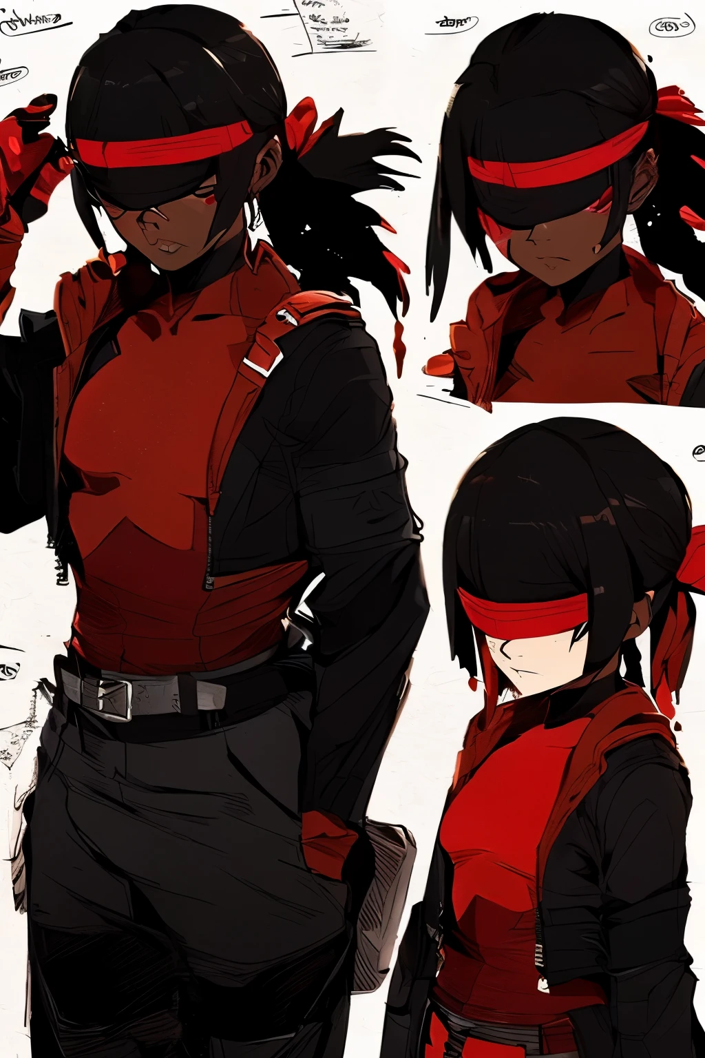 Mastepiece, Best Quality, Reference, white background, Character sheet, clothes sheet, (Dress only photo), ((clothes sheet:1.5)), (Multiple Perspectives, [whole body]:1), (blindfold, face covering, lace), ((black and red tone:1.5), wear jacket, bodysuit:1.5), ((gender neutral:1.0)), modern, science, (ponytail, black hair, red highlights, waist length hair)