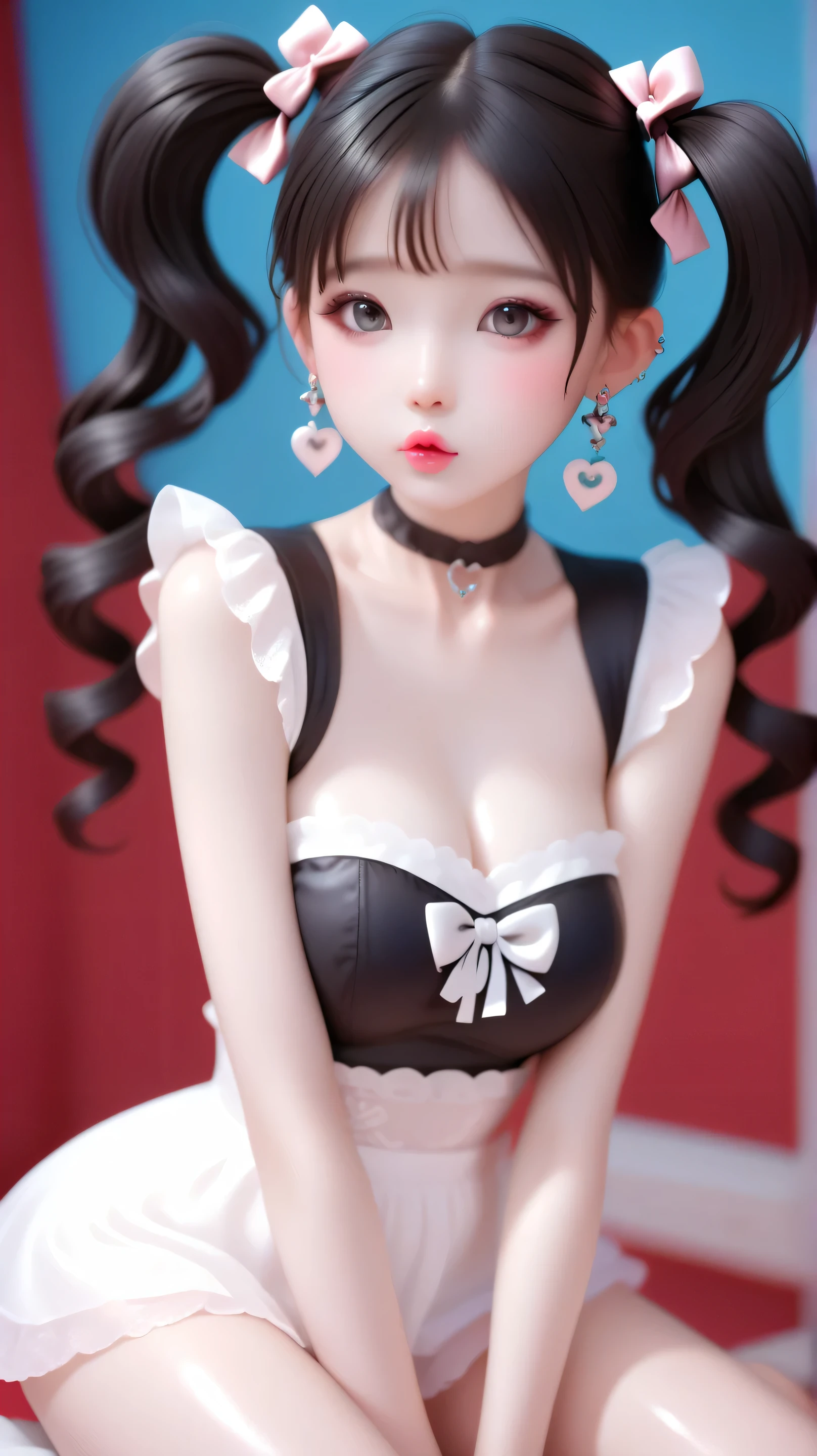 young korean girl, goth, very long curly red hair, twin tails, with gray eyes, she is wearing a tube top and panties, wears hair decoration, has big , she has pretty pink lips, shiny skin, jewelry, shiny skin, big breasts, cleavage, no background, blue background, red background, sexy, submissive, shy, heavy blushing, sitting, dynamic pose, sexy pose, 
