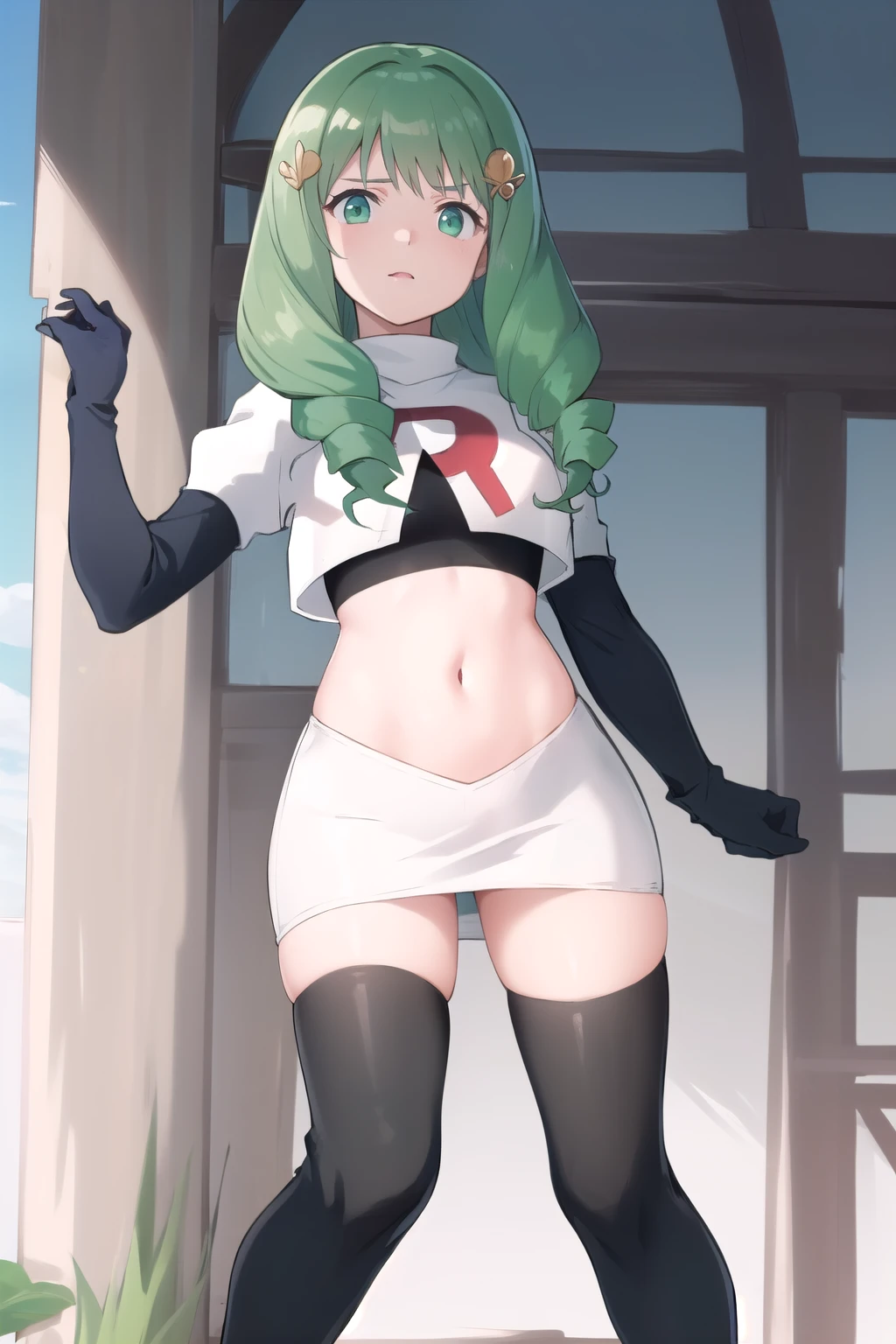 masterpiece, best quality, flayn, hair ornaments, furrowed brow, team rocket,team rocket uniform,white skirt,red letter R,crop top,black thigh-highs,black elbow gloves