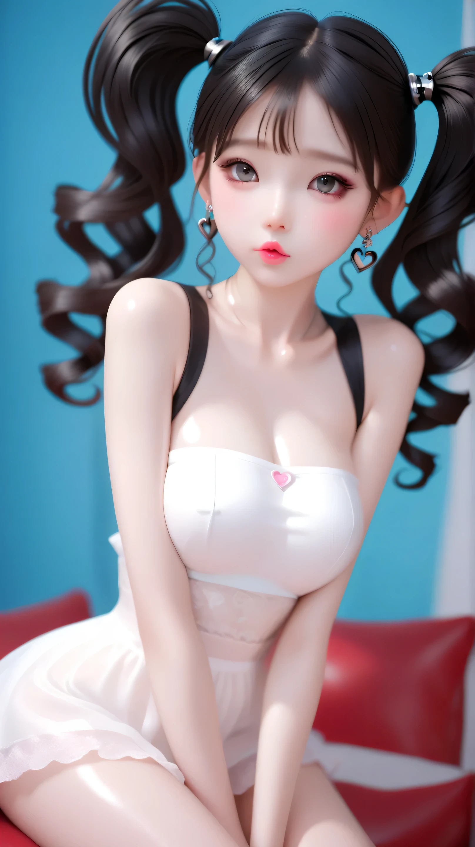 young korean girl, goth, very long curly red hair, twin tails, with gray eyes, she is wearing a tube top and panties, wears hair decoration, has big , she has pretty pink lips, shiny skin, jewelry, shiny skin, big breasts, cleavage, no background, blue background, red background, sexy, submissive, shy, heavy blushing, sitting, dynamic pose, sexy pose, 
