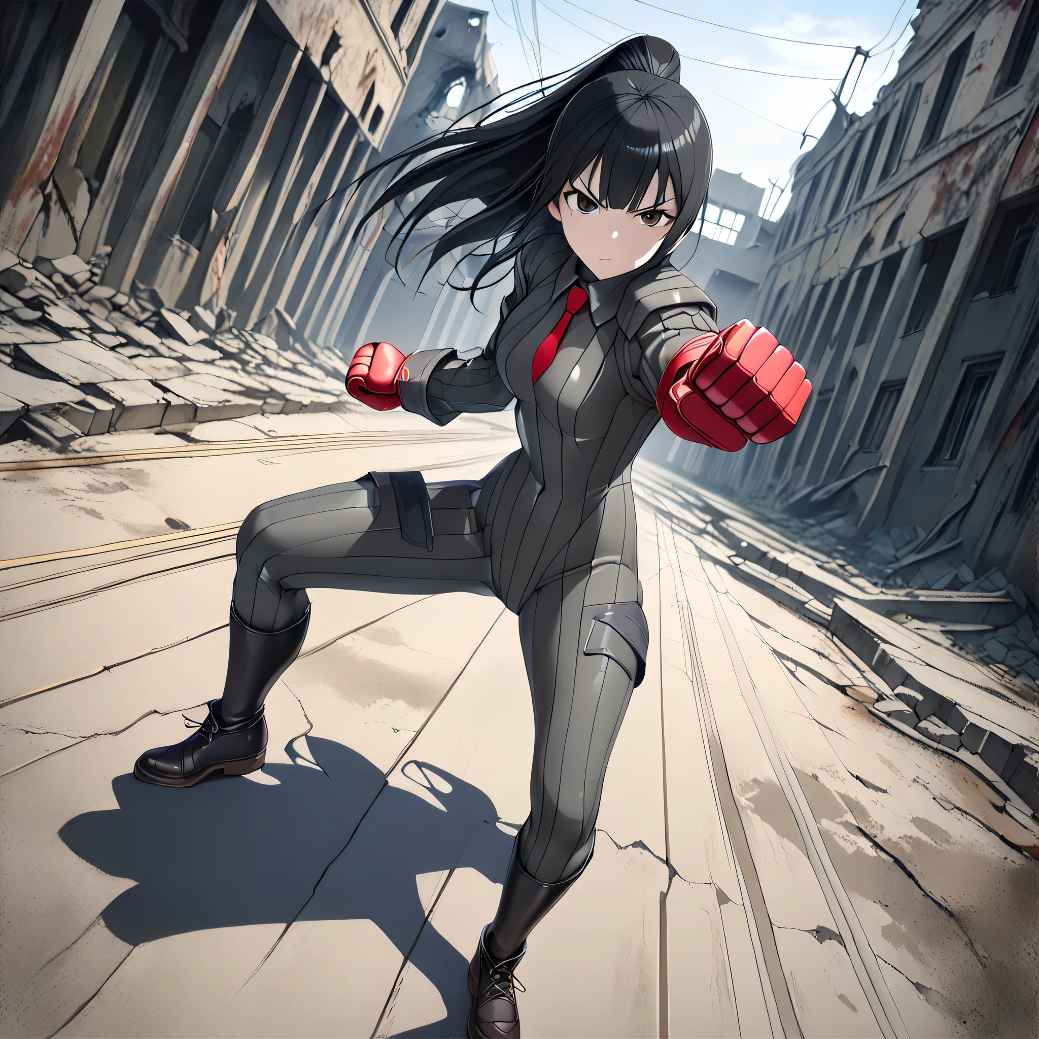 anime, (masterpiece), (best quality), (ultra-detailed), (best illustration), (best shadow), (absurdres), (detailed background), (very aesthetic), shiny, detailed beautiful eyes, outstanding, countershading, detailed soft lighting, an exquisite animation illustration, 1girl, solo, anheang, (((Dollsuit))), thighthigh, dark persona, empty eyes, expressionless, blank eyes, looking at viewer, red gloves, full body, emotionless, Fighting Stance, hair ornament, medium breast, submissive pose, seductive pose, black eyes, black hair, bangs, long hair, ponytail, (((school, school background, hand up, clenched hand, speed line, punching at viewer, dutch angle, ruin background, apocalyptic background)))