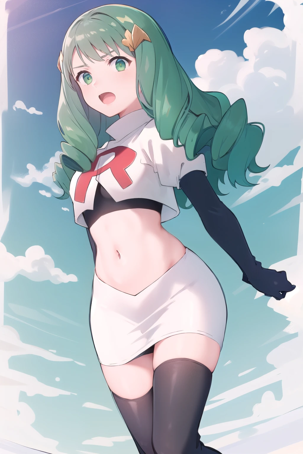 masterpiece, best quality, flayn, hair ornaments, furrowed brow, team rocket,team rocket uniform,white skirt,red letter R,crop top,black thigh-highs,black elbow gloves