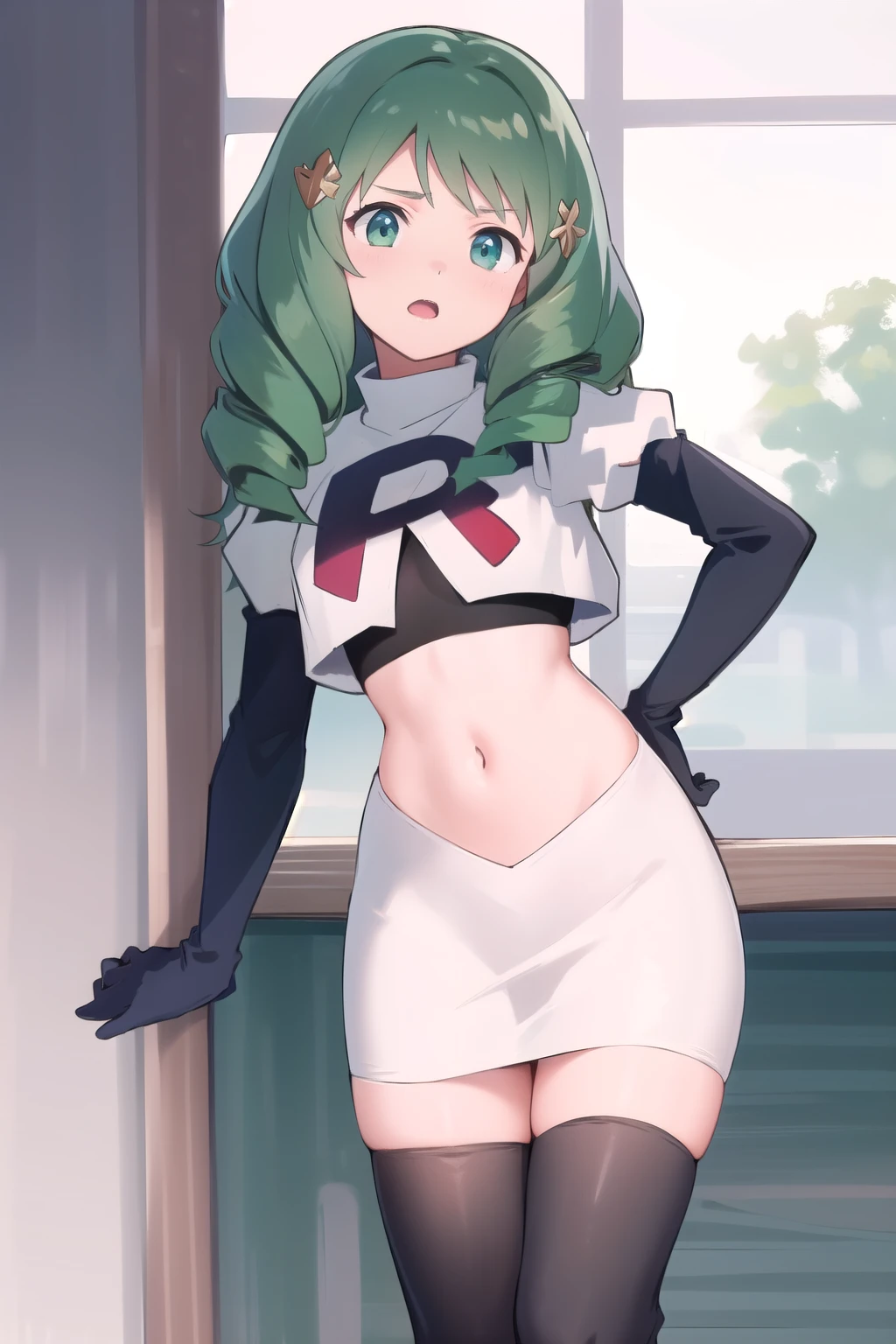 masterpiece, best quality, flayn, hair ornaments, furrowed brow, team rocket,team rocket uniform,white skirt,red letter R,crop top,black thigh-highs,black elbow gloves