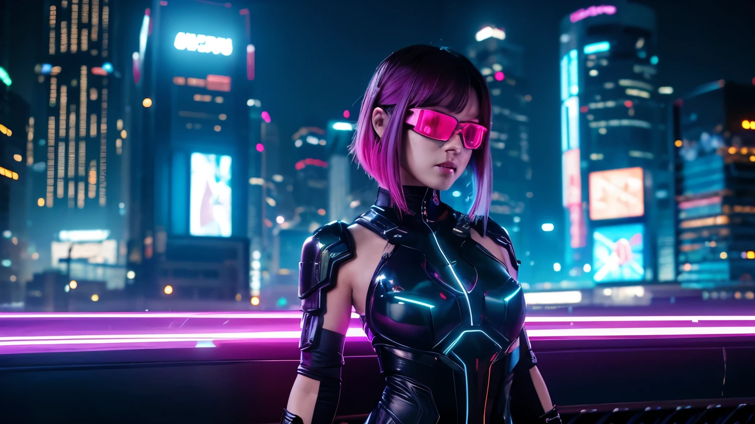aerial view, dark night, A vast cyberpunk landscape set in Korea with ((flying cars)) and neon lights, in shades of pink, blue and red, (Matrix style cascading code), in the style of Blade Runner and Ghost In The Shell. (((((1girl, solo, alone))))), large-breast:1.2 slim body, cleavage:1.1, sexy miniskirt, ((((headphone, black sunglasses, standing and holding pistol pose)))), (((half-body thigh level medium shot))), cinematic lighting, lens flare, ray tracing.