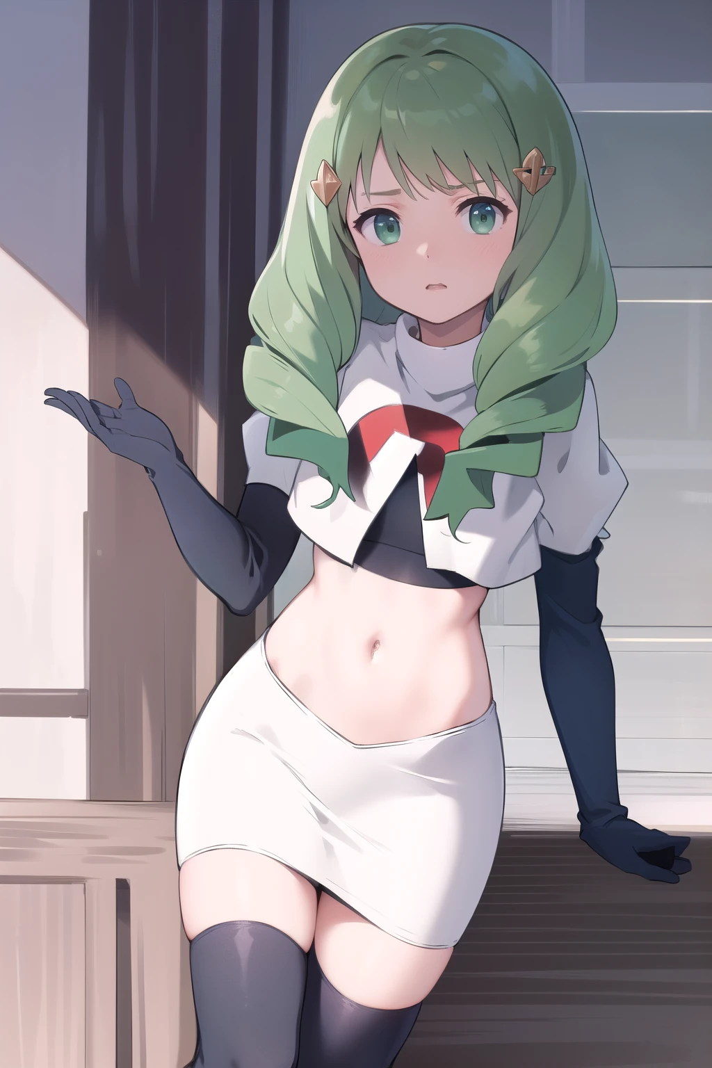 masterpiece, best quality, flayn, hair ornaments, furrowed brow, team rocket,team rocket uniform,white skirt,red letter R,crop top,black thigh-highs,black elbow gloves