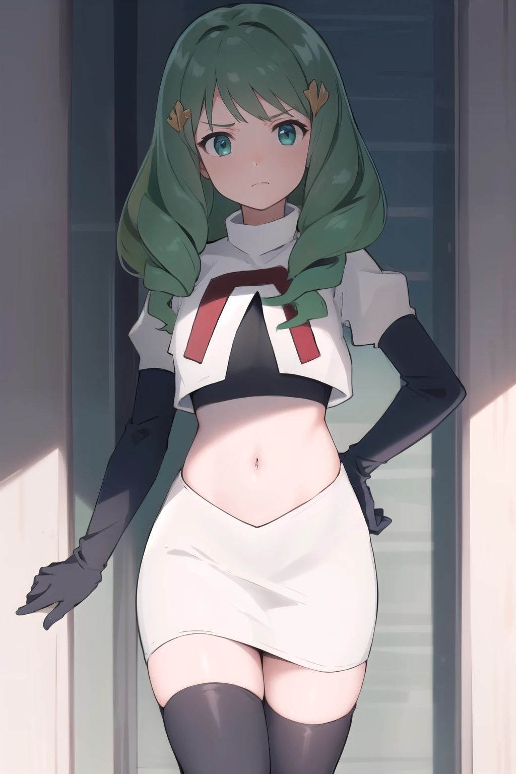 masterpiece, best quality, flayn, hair ornaments, furrowed brow, team rocket,team rocket uniform,white skirt,red letter R,crop top,black thigh-highs,black elbow gloves