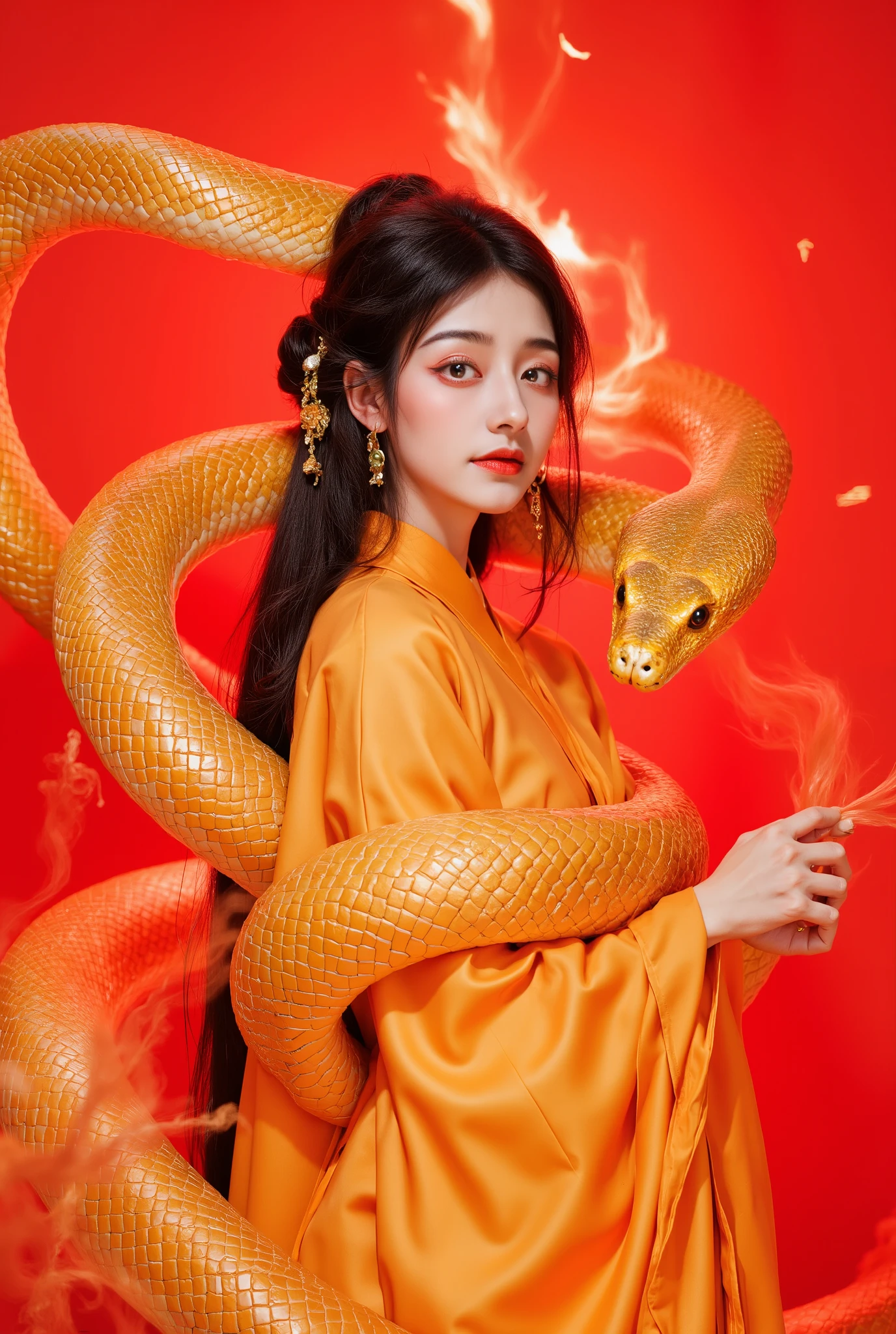 gold snake,a beautiful Asian woman,dressed in a golden , In the brilliant red background, a snake slithers slowly, its body forming a smooth S-shape, resembling a dynamic calligraphy piece. The scales on the snake's body glisten with a deep luster under the red glow, creating a stark contrast with the fiery red backdrop. Its eyes sparkle in the red light, revealing a hint of mystery and allure, filling the entire scene with dynamism and vitality.magazine cover
