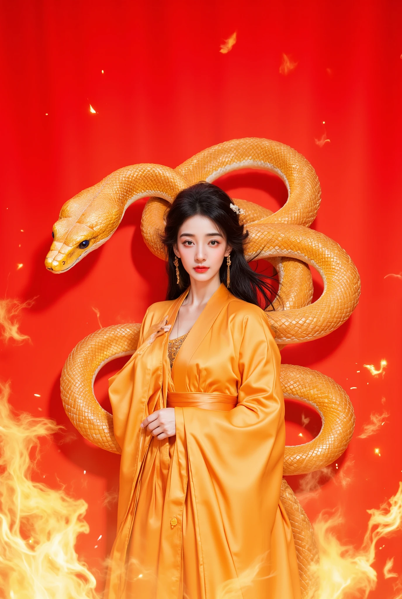 gold snake,a beautiful Asian woman,dressed in a golden , In the brilliant red background, a snake slithers slowly, its body forming a smooth S-shape, resembling a dynamic calligraphy piece. The scales on the snake's body glisten with a deep luster under the red glow, creating a stark contrast with the fiery red backdrop. Its eyes sparkle in the red light, revealing a hint of mystery and allure, filling the entire scene with dynamism and vitality.magazine cover
