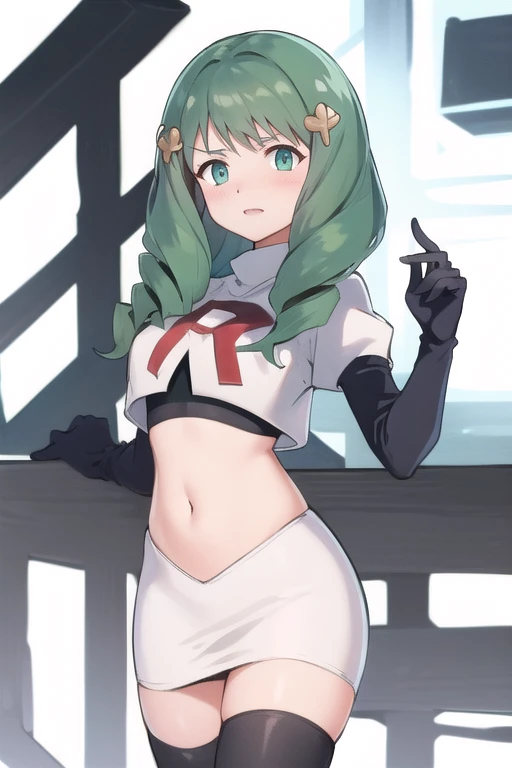 Palla (Fire Emblem), long hair, green hair ,1girl,team rocket,team rocket uniform, red letter R, white skirt,white crop top,black thigh-highs,black elbow gloves,