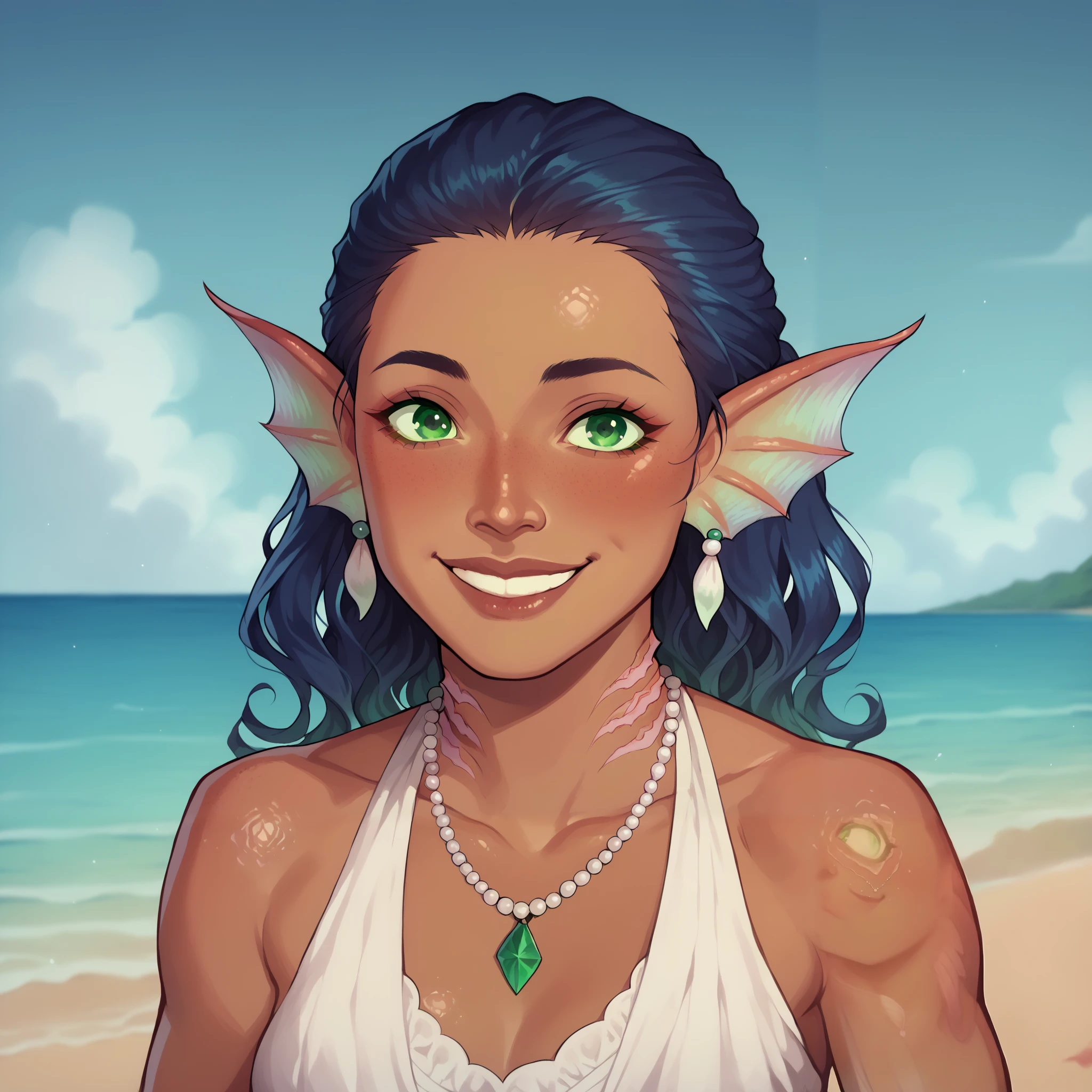 (((beautiful, high quality, comics style, detailed face))), score_9, score_8_up, score_7_up, BREAK, 22-year-old, (Maori girl:1.5, flat nose, dark skin), ((gills and fins, scales)), dark blue hair, wavy hair, long, and full hair, ((green eyes:1.5)), ((tender and charming smile, great smile, exudes joy)), ((action pose, playing a ukulele)), wearing a long-sleeved linen white dress, bare shoulders, shell necklace, outdoor, fantasy beach background, blurred background, DeepNegative_xl_v1, zPDXL3, detailxl, Smooth Quality - Illustrious