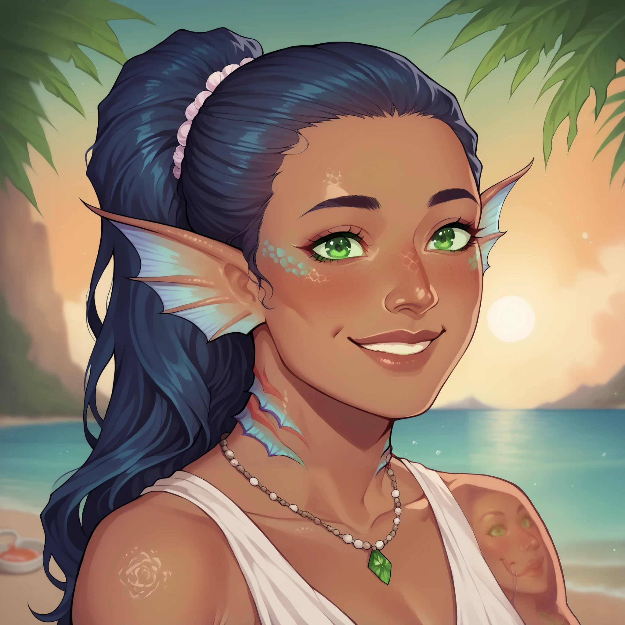 (((beautiful, high quality, comics style, detailed face))), score_9, score_8_up, score_7_up, BREAK, 22-year-old, (Maori girl:1.5, flat nose, dark skin), ((gills and fins, scales)), dark blue hair, wavy hair, long, and full hair, ((green eyes:1.5)), ((tender and charming smile, great smile, exudes joy)), ((action pose, playing a ukulele)), wearing a long-sleeved linen white dress, bare shoulders, (shell necklace), outdoor, fantasy beach background, blurred background, DeepNegative_xl_v1, zPDXL3, detailxl, Smooth Quality - Illustrious
