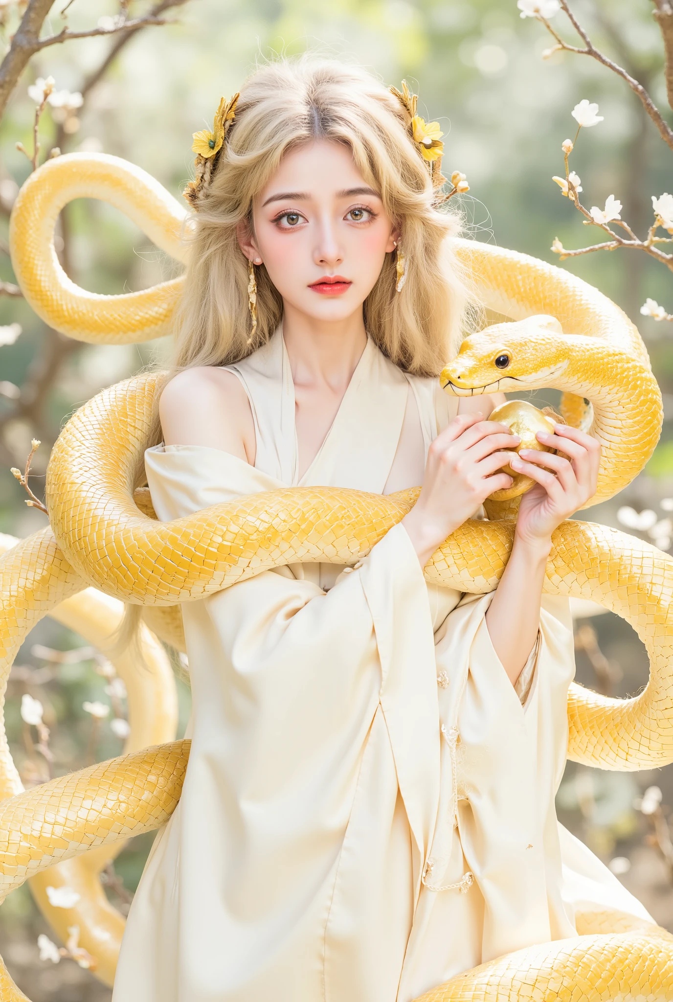 A golden snake wrapped around her body , A woman in a white dress holding a music box, artwork in the style of Gu Weiss, Gu Weiss on pixiv artstation, Gu Weiss on artstation pixiv, Gu Weiss, fantasy art style, Gu Weiss masterpiece, Beautiful Elegant Queen , Beautiful character painting , Detailed digital anime illustration , Blonde Princess, White hair, sky blue eyes , pink lips