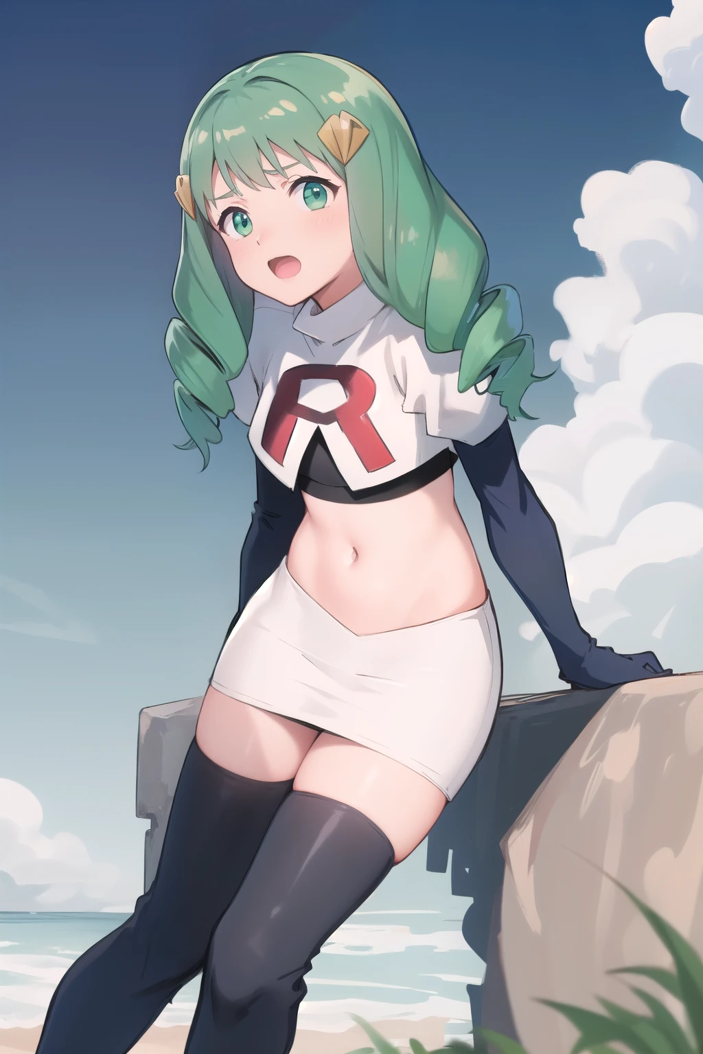 masterpiece, best quality, flayn, hair ornaments, furrowed brow, team rocket,team rocket uniform,white skirt,red letter R,crop top,black thigh-highs,black elbow gloves