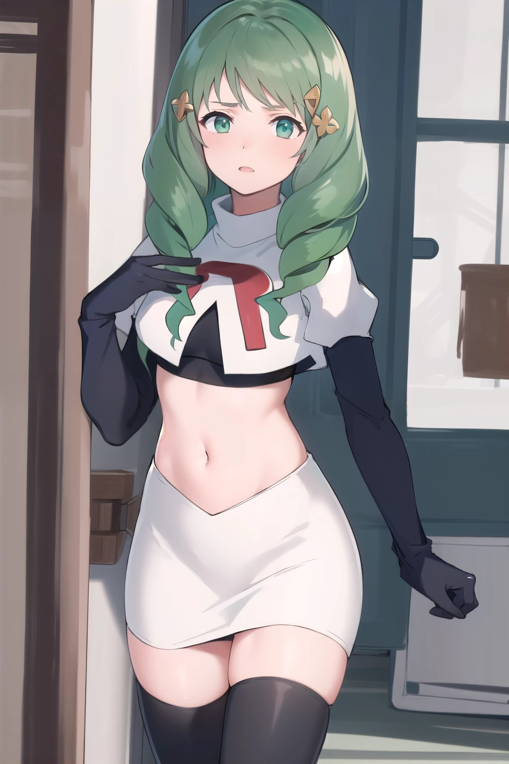 masterpiece, best quality, flayn, hair ornaments, furrowed brow, team rocket,team rocket uniform,white skirt,red letter R,crop top,black thigh-highs,black elbow gloves