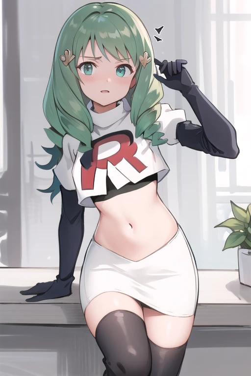 1girl, meloetta, pokemon \(creature\), white skin, blue eyes, team rocket,team rocket uniform,white skirt,red letter R,crop top,black thigh-highs,black elbow gloves