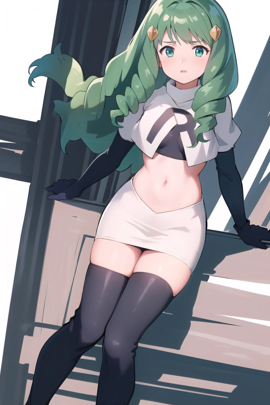 masterpiece, best quality, flayn, hair ornaments, furrowed brow, team rocket,team rocket uniform,white skirt,red letter R,crop top,black thigh-highs,black elbow gloves