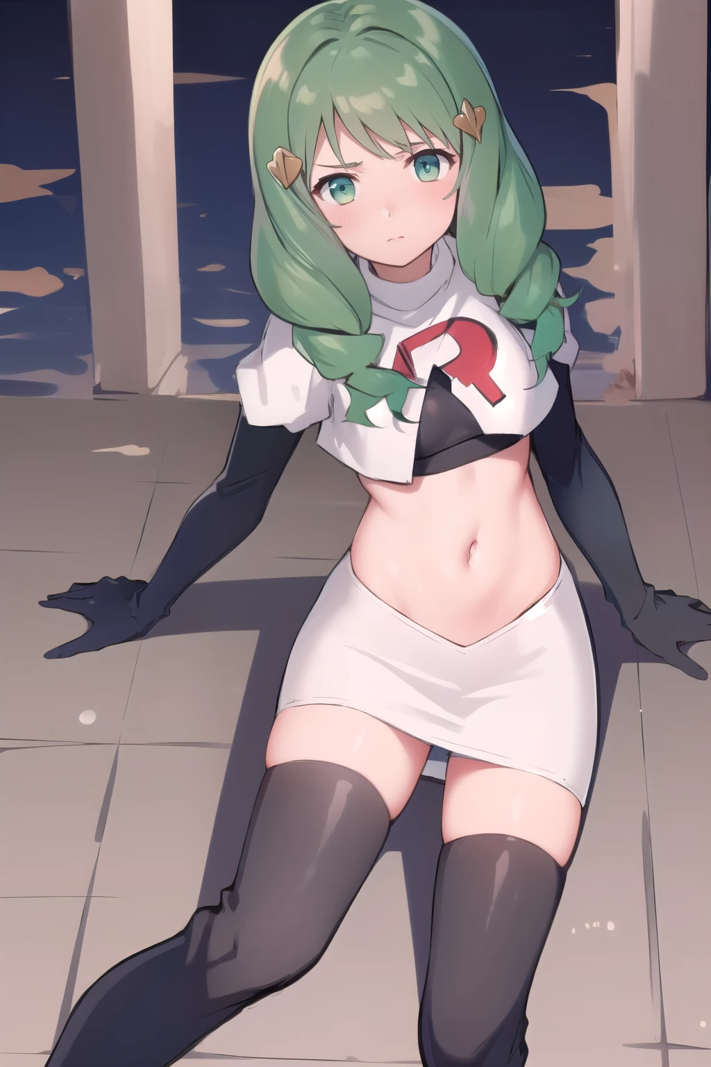 masterpiece, best quality, flayn, hair ornaments, furrowed brow, team rocket,team rocket uniform,white skirt,red letter R,crop top,black thigh-highs,black elbow gloves