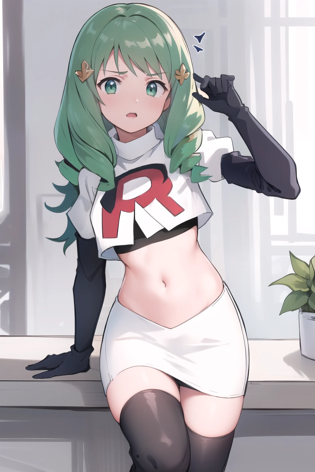 masterpiece, best quality, flayn, hair ornaments, furrowed brow, team rocket,team rocket uniform,white skirt,red letter R,crop top,black thigh-highs,black elbow gloves
