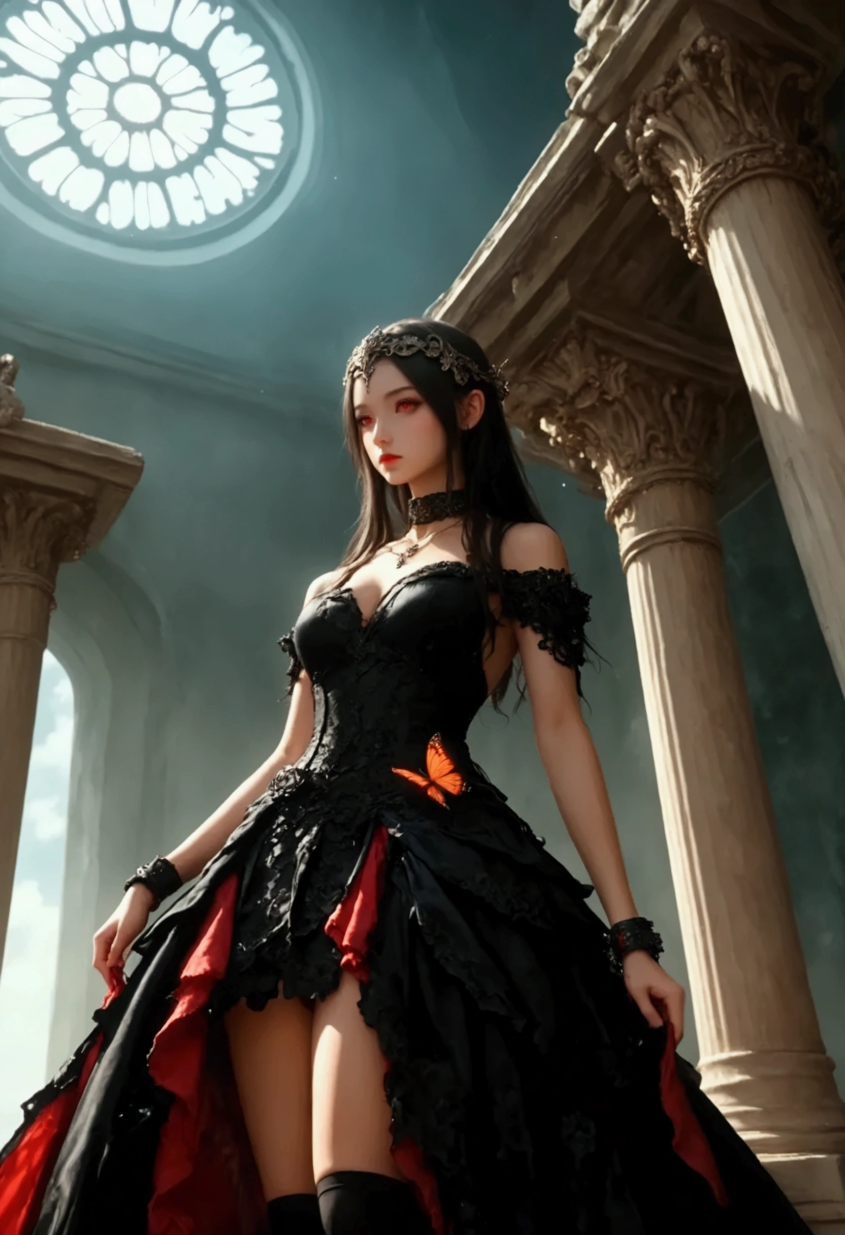 expressionless ,,(dark fantasy),(( Amazing Illustrations )),(Detail Splash), long dark hair, Red Eyes in the Shadow of a Pillar, girl , Pure black dress, Collar only, The cuffs and skirt are dark red , The red butterfly hair clip is fastened to the side, Masterpiece, 最 High Quality , High Quality , Headpiece ,, red and black crystal necklace , black knee-high socks from below