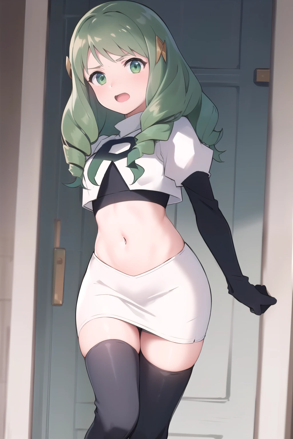 masterpiece, best quality, flayn, hair ornaments, furrowed brow, team rocket,team rocket uniform,white skirt,red letter R,crop top,black thigh-highs,black elbow gloves