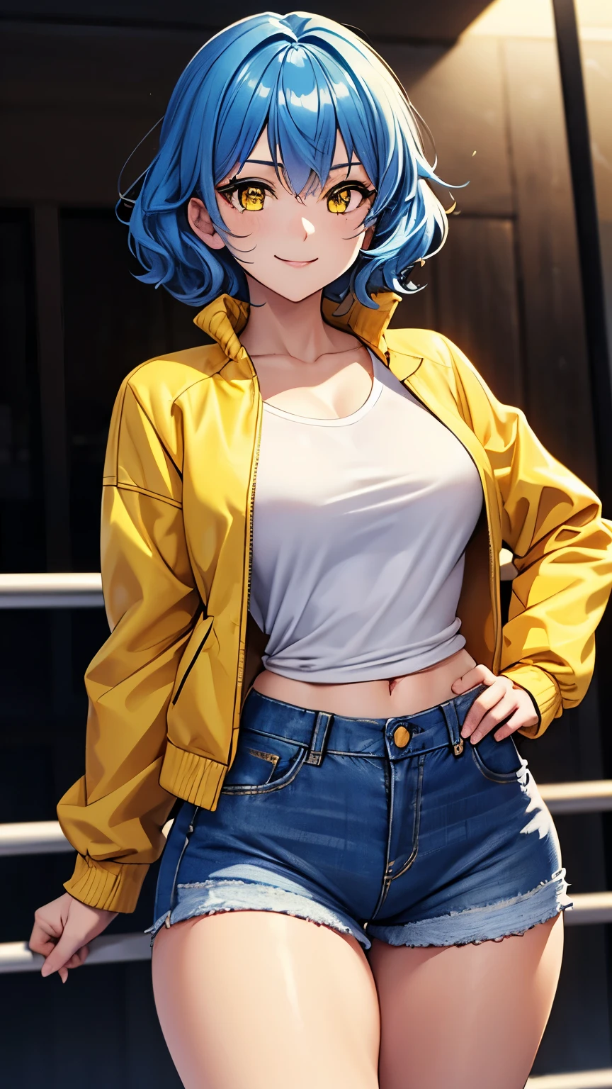 best quality, pastel colors, high details, solo girl, 1girl, 18s, anime girl, strong, cool, messy hair, short hair, light royal blue hair, wavy hair, shiny yellow eyes, white shirt, yellow jacket, fight stand, mid-size, round thighs, wide hips, challenge smile, jeans shorts