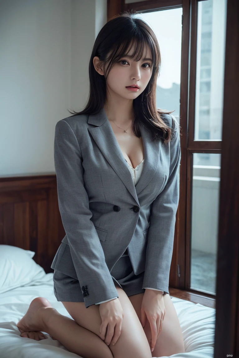 absurdres, RAW photo, extremely delicate and beautiful, masterpiece, Best Quality, ultra high resolution, 16k, hyperrealistic, ultra-detailed, (perfect anatomy), super Detailed skin, perfect figure, Very detailed CG 8k wallpaper, in her 20s, very Slim body, narrow waist, very small head, very small face, delicate facial features, tearful mole, earring, thin legs, (very huge round breasts), (full body shot), short hair, (wavy hair), light brown hair, 3 girls, bed, (wet), (office lady suit), (skirt suit), (blazer), (blouse),