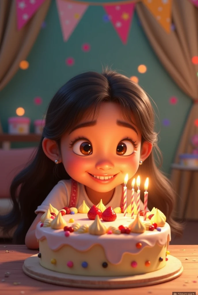 pixar desenhos animados 3D, a chubby filipino girl celebrating her 12th birthday, she is holding an purple cake in her hands and wearing red shirt, smiling