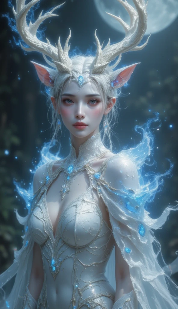a delicate mythological creature in a forst clearing its skin like silk with a delicate pattern of spots and stripes that seemed to shimmer in the night, 8K, colorful lighting, vivid, ultra details, surreal photography