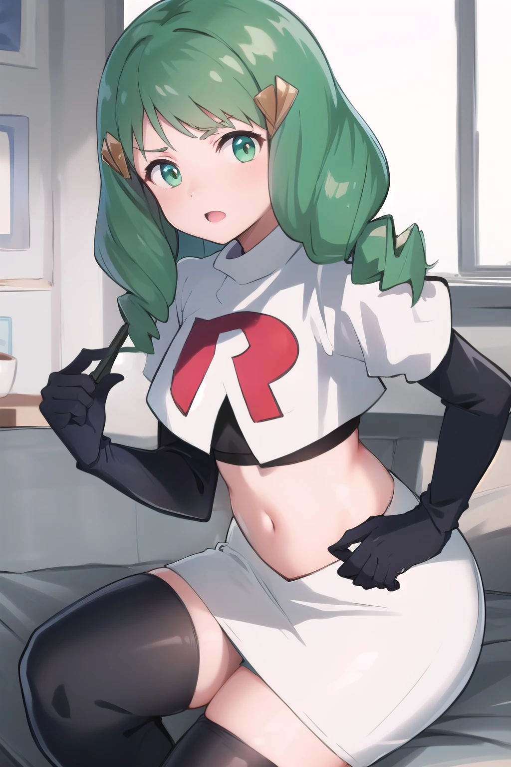 masterpiece, best quality, flayn, hair ornaments, furrowed brow, team rocket,team rocket uniform,white skirt,red letter R,crop top,black thigh-highs,black elbow gloves