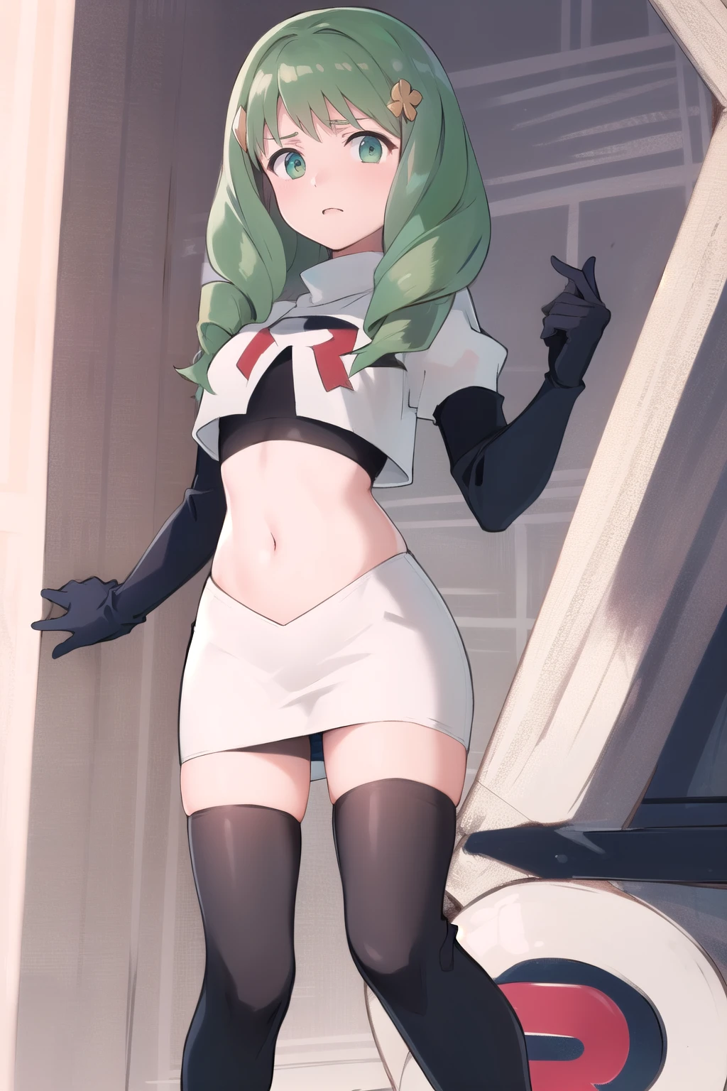 masterpiece, best quality, flayn, hair ornaments, furrowed brow, team rocket,team rocket uniform,white skirt,red letter R,crop top,black thigh-highs,black elbow gloves