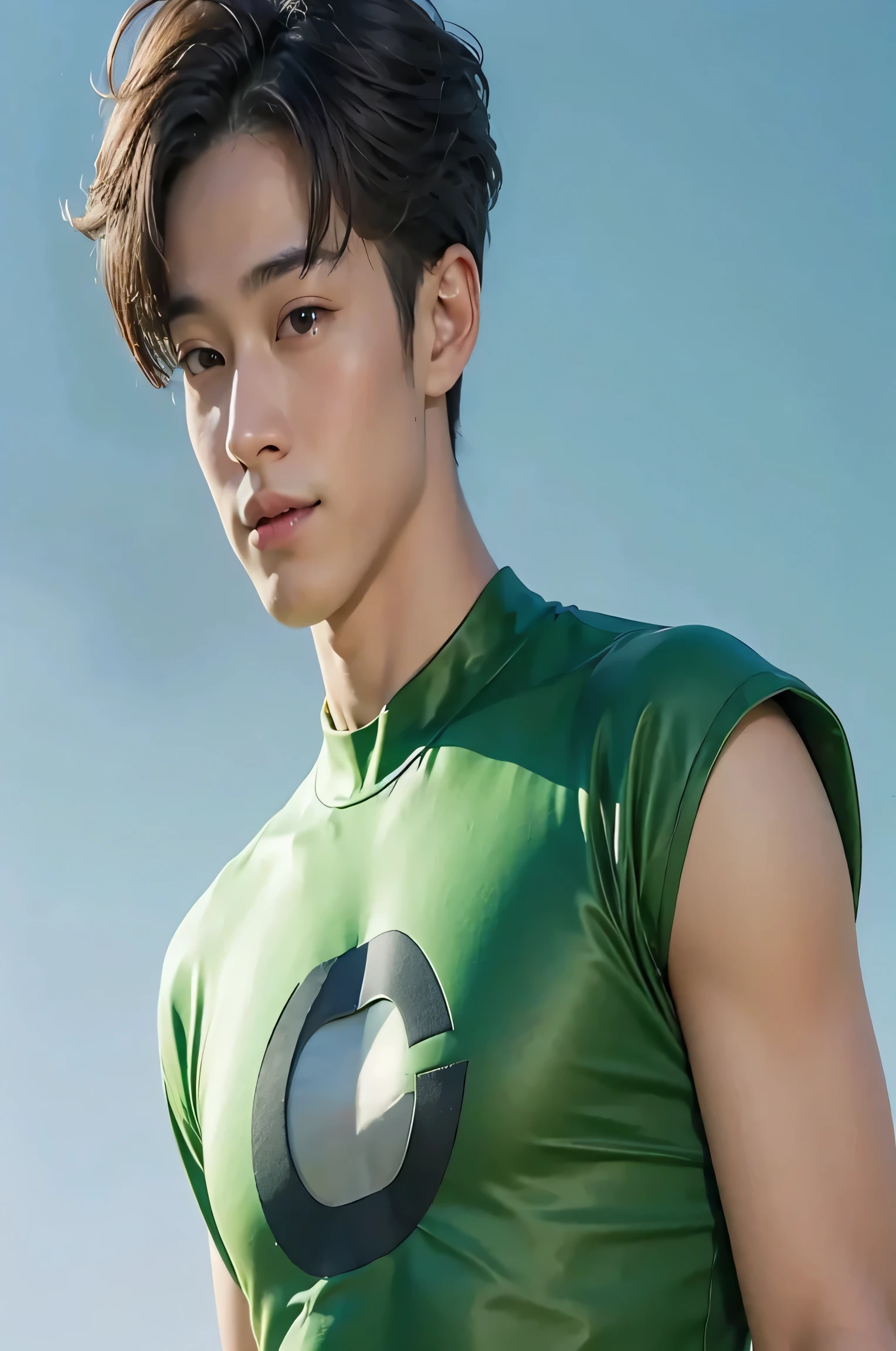 A hansome man in style,(in English: Green Lantern) is a DC Comics superhero. lined lips, sexy tight green leotard, covered navel, muscular, tight skin, All green sexy wear , muscular man, Looking at the Viewer, (realism: 1.5), (Realisitc: 1.4), (Absurdity: 1.4), 8k, ultra-detailed, Detailed handsome man, (Only one:1.4), (Viewer facing:1.2),( full length shot(fls)) ,thick thighs ,( wide hips ,wide pelvis) , sexy, Nsfw , eroticism , bare thighs , fucking sexy!!!, only boy , exposed , handsome Korean boy,puffy nipples , swollen nipples, extra short hair , (realism: 1.5), (Realisitc: 1.4), (Absurdity: 1.4), 8k, ultra-detailed