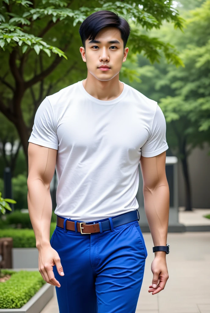 Young Korean man in a white t-shirt and jeans, A handsome, muscular young Asian man looks at the camera. In a simple t-shirt white and red , Fieldside, grass, beach, sunlight, Carrying a camera