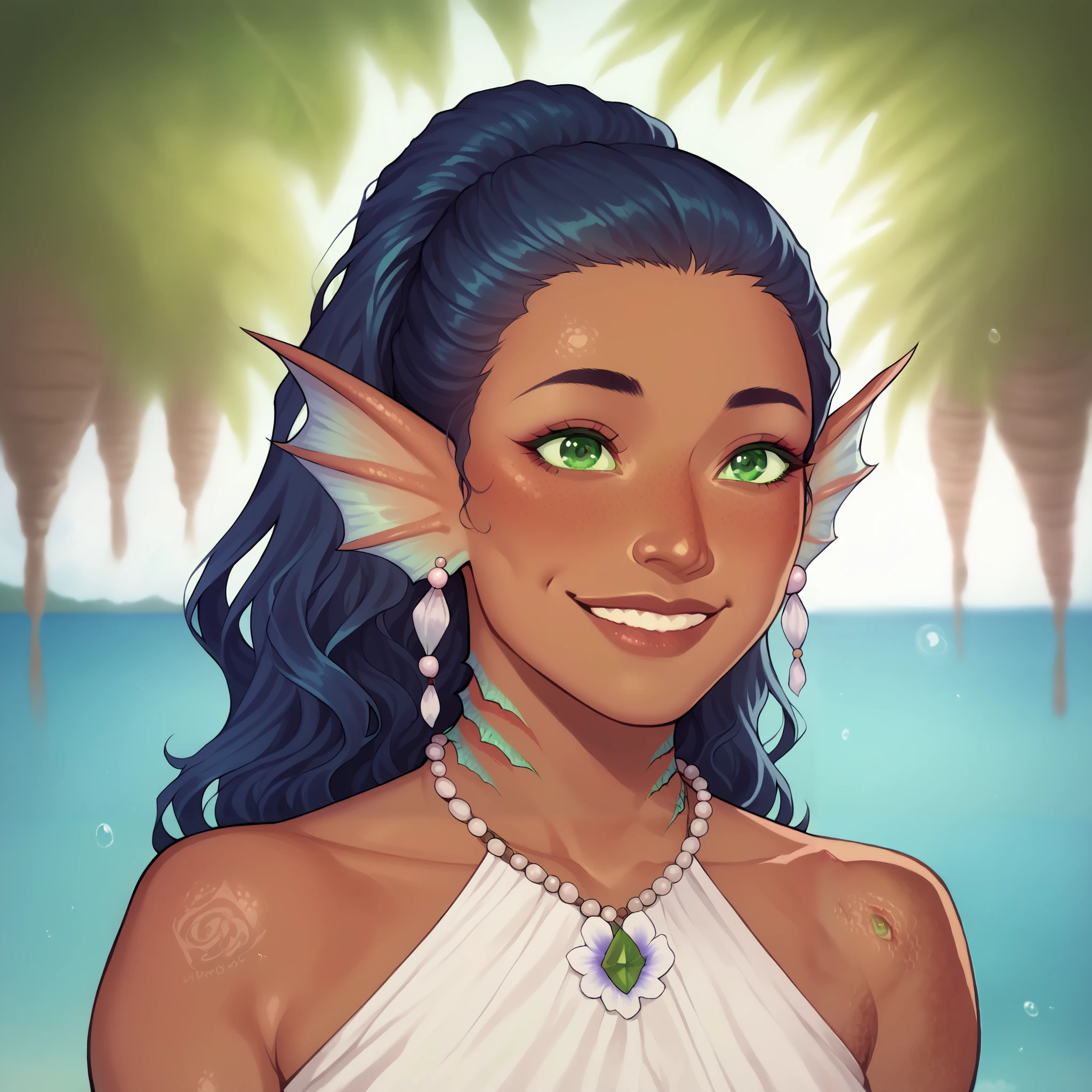 (((beautiful, high quality, comics style, detailed face))), score_9, score_8_up, score_7_up, BREAK, 22-year-old, (Maori girl:1.5, flat nose, dark skin), ((gills and fins, scales)), dark blue hair, wavy hair, long, and full hair, ((green eyes:1.5)), ((tender and charming smile, great smile, exudes joy)), ((action pose, playing a ukulele)), wearing a long-sleeved linen white dress, bare shoulders, (shell necklace), outdoor, fantasy beach background, blurred background, DeepNegative_xl_v1, zPDXL3, detailxl, Smooth Quality - Illustrious