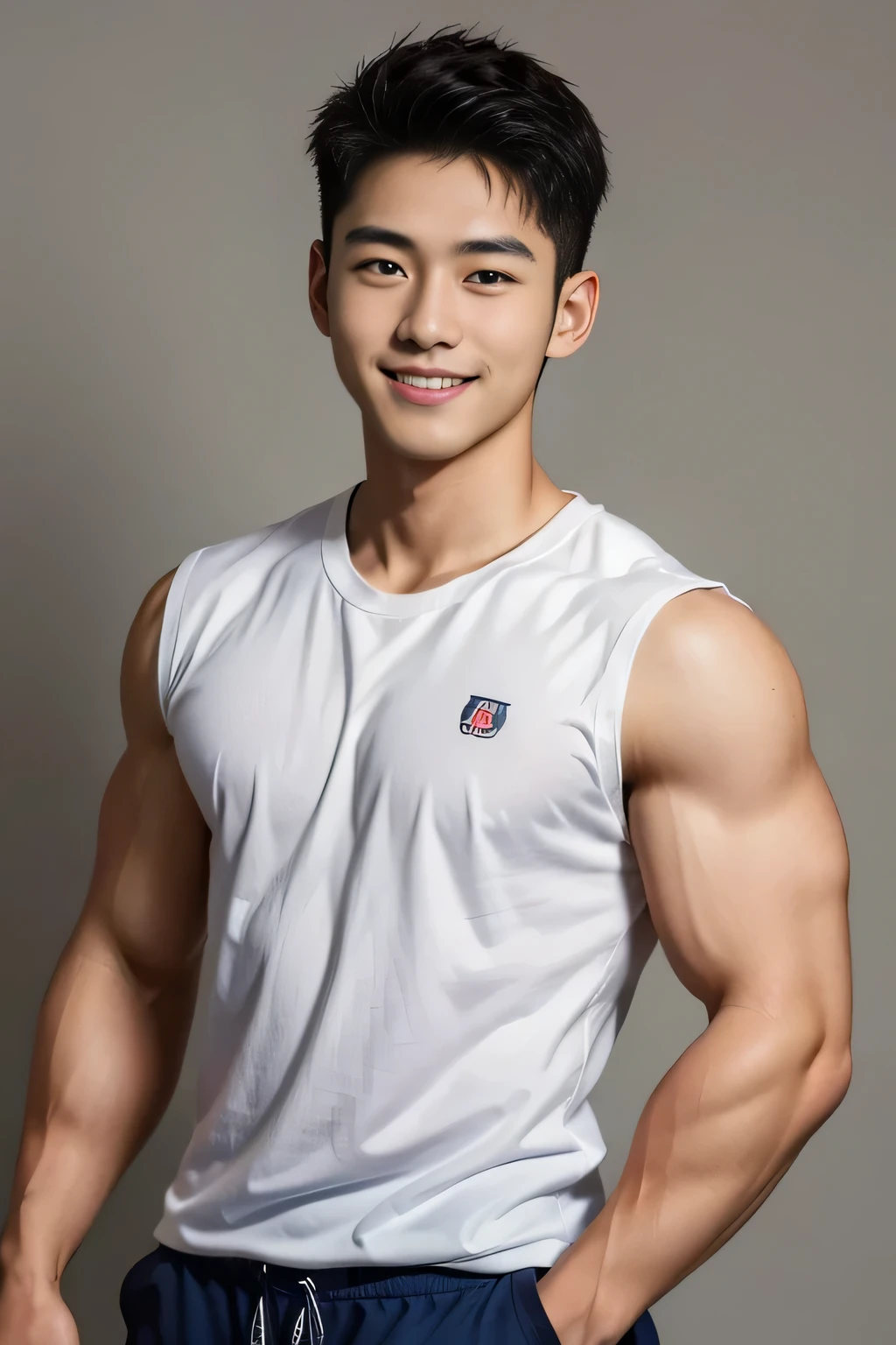 18-year-old male、 Japanese、 handsome、 macho、 athlete、smile