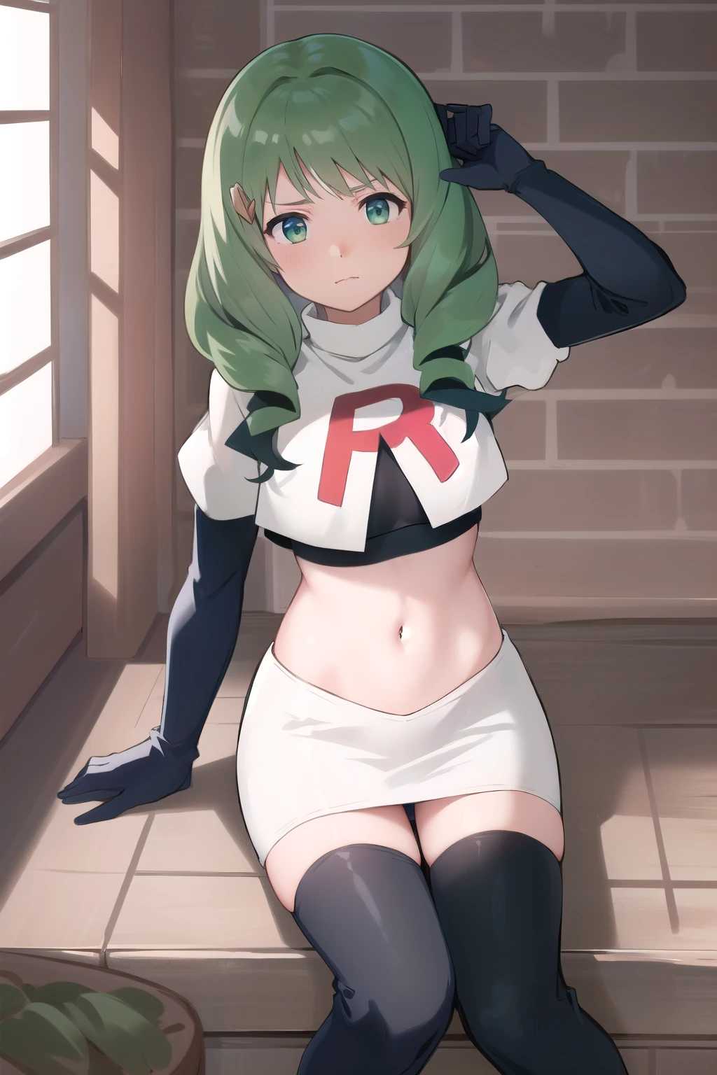 masterpiece, best quality, flayn, hair ornaments, furrowed brow, team rocket,team rocket uniform,white skirt,red letter R,crop top,black thigh-highs,black elbow gloves