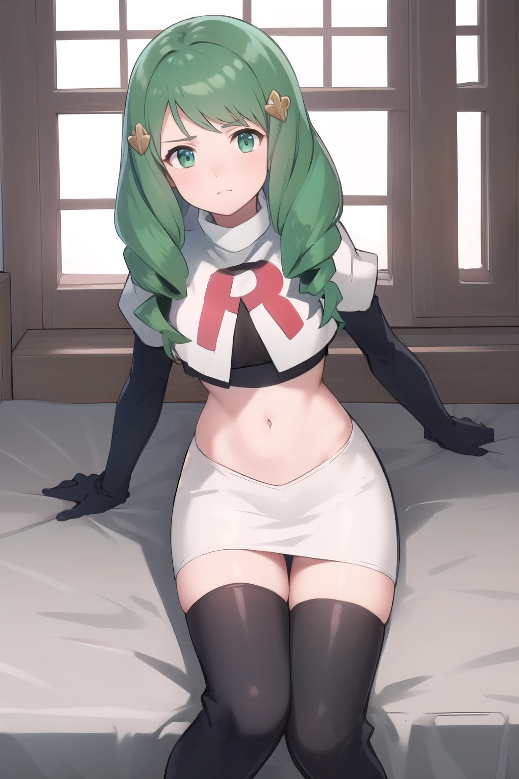 masterpiece, best quality, flayn, hair ornaments, furrowed brow, team rocket,team rocket uniform,white skirt,red letter R,crop top,black thigh-highs,black elbow gloves
