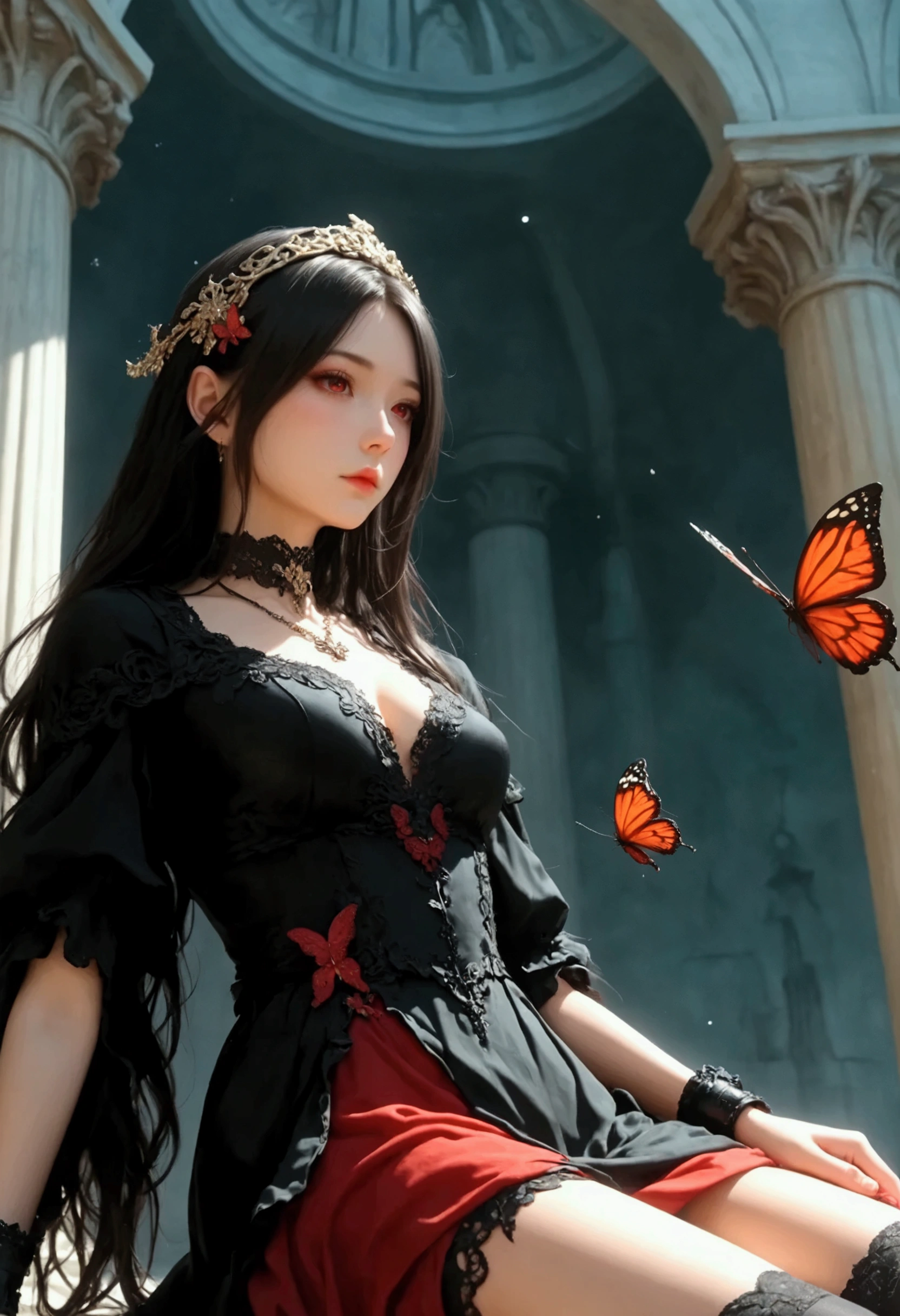        expressionless ,,(dark fantasy),((     Amazing Illustrations    )),(Detail Splash),     long dark hair,     Red Eyes in the Shadow of a Pillar,     girl    , Pure black dress, Collar only, The cuffs and skirt are dark red    ,   The red butterfly hair clip is fastened to the side, Masterpiece, 最    High Quality    ,     High Quality    ,         Headpiece        ,,     red and black crystal necklace    ,        black knee-high socks from below  