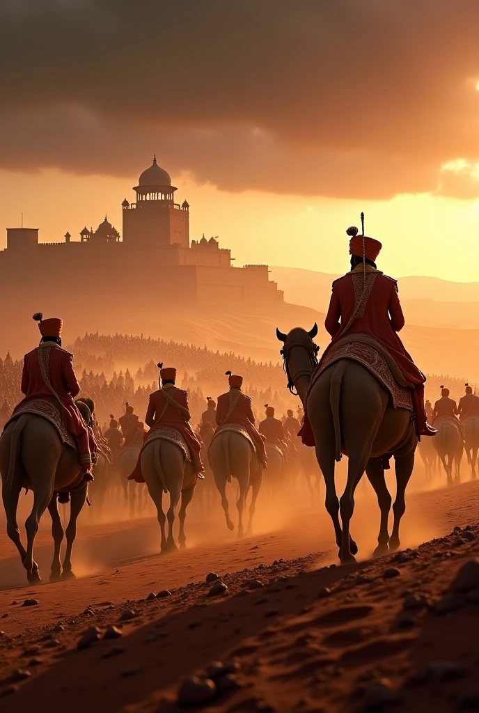 Aladdin Khilji's general Ulugh Khan leading an assault on Somnath Temple, soldiers clashing in front of the temple