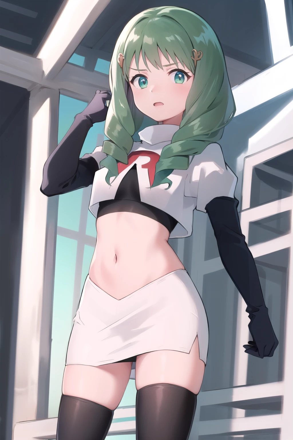 masterpiece, best quality, flayn, hair ornaments, furrowed brow, team rocket,team rocket uniform,white skirt,red letter R,crop top,black thigh-highs,black elbow gloves