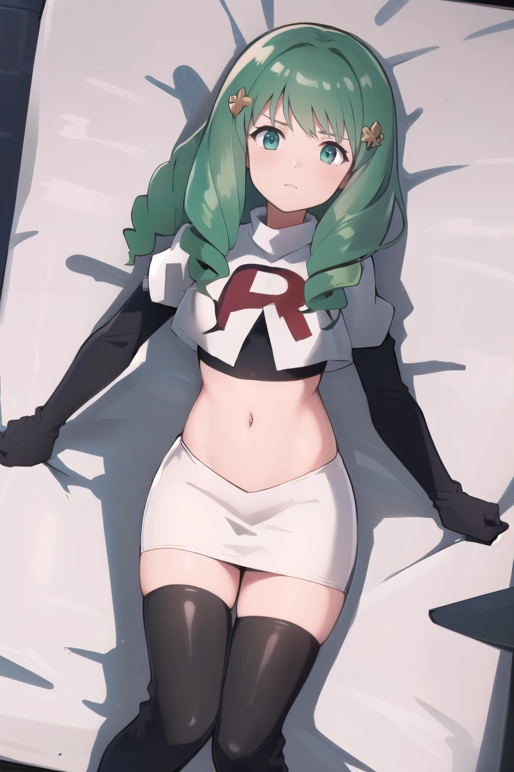 masterpiece, best quality, flayn, hair ornaments, furrowed brow, team rocket,team rocket uniform,white skirt,red letter R,crop top,black thigh-highs,black elbow gloves