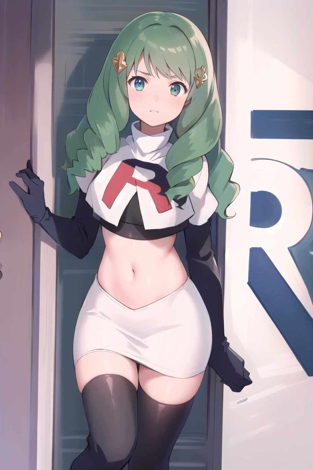 masterpiece, best quality, flayn, hair ornaments, furrowed brow, team rocket,team rocket uniform,white skirt,red letter R,crop top,black thigh-highs,black elbow gloves
