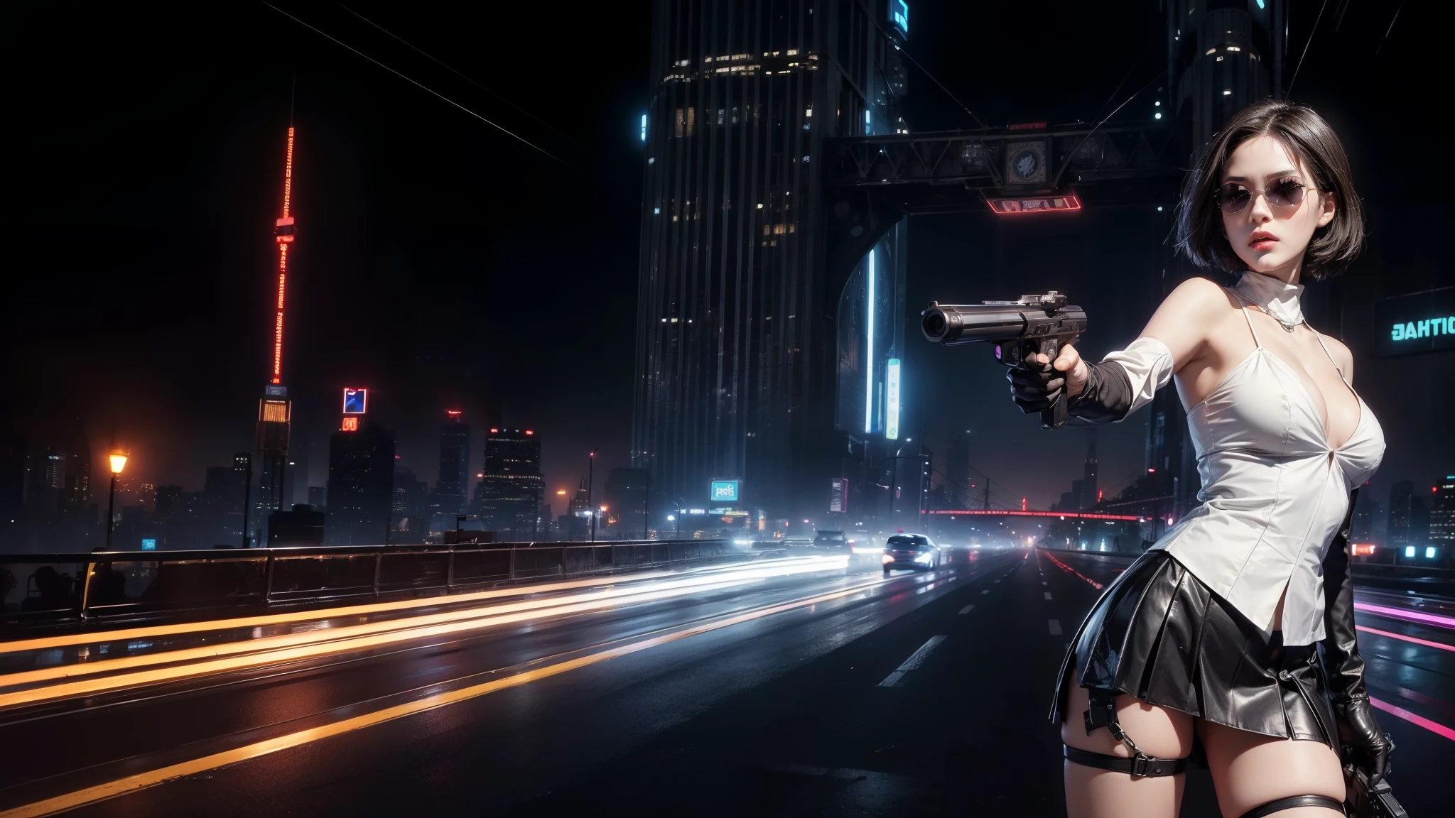 (Wide angle view). Blade Runner style futuristic city, simple outlined transparent neon tall buildings, glowing giant clock tower, flying cars, helicopter, lightning, 3D rendering Beeple. At night, (1girl, solo, alone), photorealistic, medium-breast slim:0.6 body, oval:0.6 face, cleavage:1.1, sexy black laced bra, glove, deep-V, (very low angle view of miniskirt), white laced panty, coat, (Matrix style black micro sunglasses), ((aiming viewer with a short gun)), (running pose), (half-body thigh level close-up shot), cinematic lighting, ray tracing.