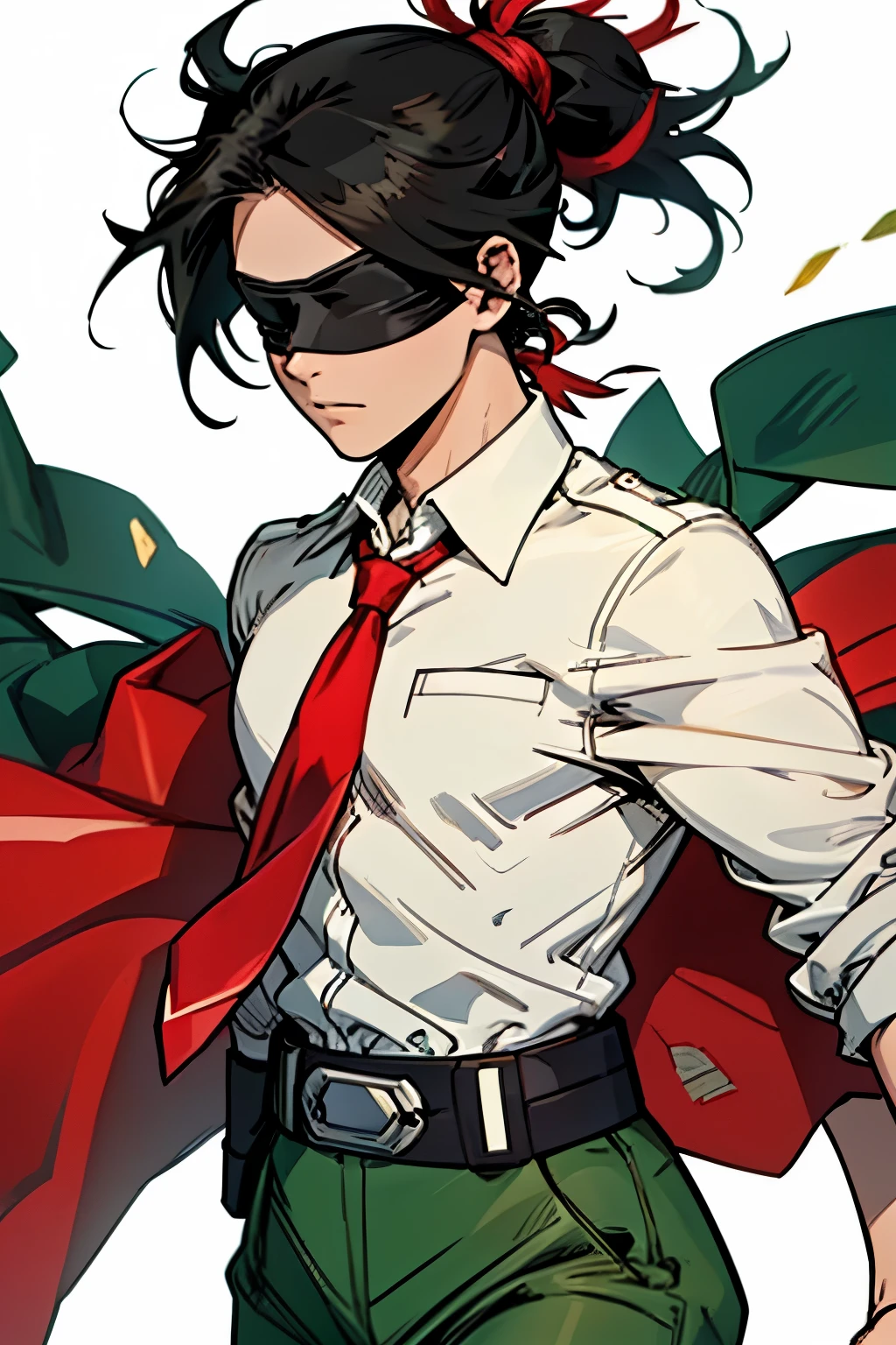 Mastepiece, Best Quality, Reference, white background, Character sheet, (blindfold, face covering, lace), (school uniform, white shirt, necktie, collared shirt, belt, pants, red necktie, green pants, u.a. school uniform, u.a.student uniform:1.5), ((girl:1.5)), (ponytail, (black hair, red highlights:1.5), waist length hair), my hero academia, boku no hero academia, anime
