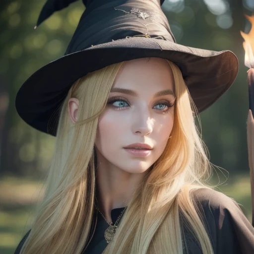 Pretty witch of 25 years, big tits, narrow waist, blond hair and very long. dressed as a witch. Photorealistic, 8k, detailed face, high quality, photorealistic