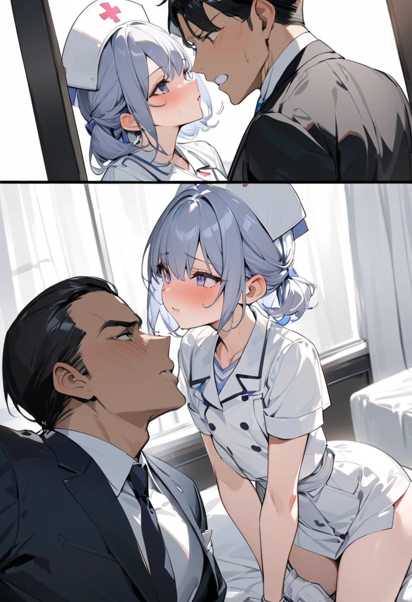 ,chainBREAK perfect anatomy、Highest quality、(High resolution:1.2)、Unbelievably absurd:1.3、Incredible illustrations、(Cute illustrations:1.2)、nsfw,(Beautiful background、Back streets at night)、1gial(Silver Hair、Straight Hair、Bobcut、 female,height 1.2meters, slim 25kg,(flat chest、Dark Skin:1.6,Red Eyes)( Sex preparation:1.2、),(public indecency,netorare(restrained,shackles,chain))、(breathless,trembling),pussy juice:1.2,How(anal,Sex),How in ass,(1fat boy),penis ,(school uniform,White Silk Sexy Lingerie、garter belt)(mirror,smartphone,cinematic angle)