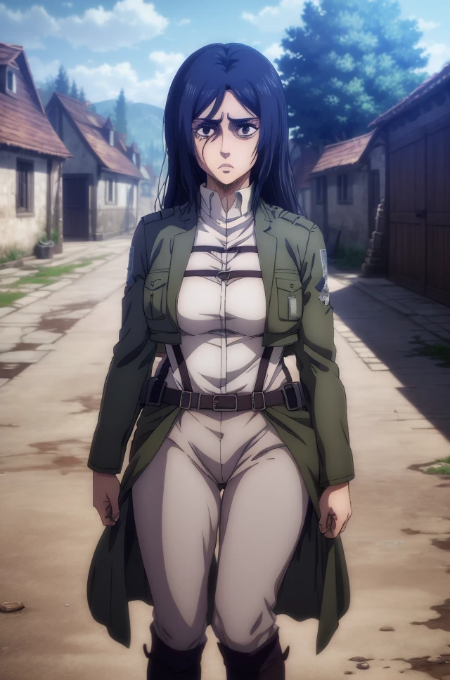 Finger Pieck, Shingeki no Kyojin , Attack on Titan, anime style, smiling, rendered anime, Soft 3D chubby, Muscular, nudity, LoRA style, abdomen, thick thighs, Muscular