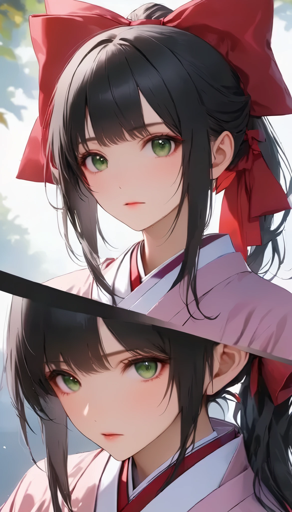 score_9, score_8_ up, score_7_ up, very sophisticated , Details, High Quality , 顔のクローズ up、 beautiful, Masterpiece, Details eyes, simple white background, blurry background , Front , unsheathing, Serious, Sakurabase, black hair, hair bow, red ribbon, review, side lock, bangs, ponytail kimono , Red Hakama, pink kimono, Women's uniforms from the Meiji era , purple belt , Fingerless gloves, green close-ups ,, zPDXL